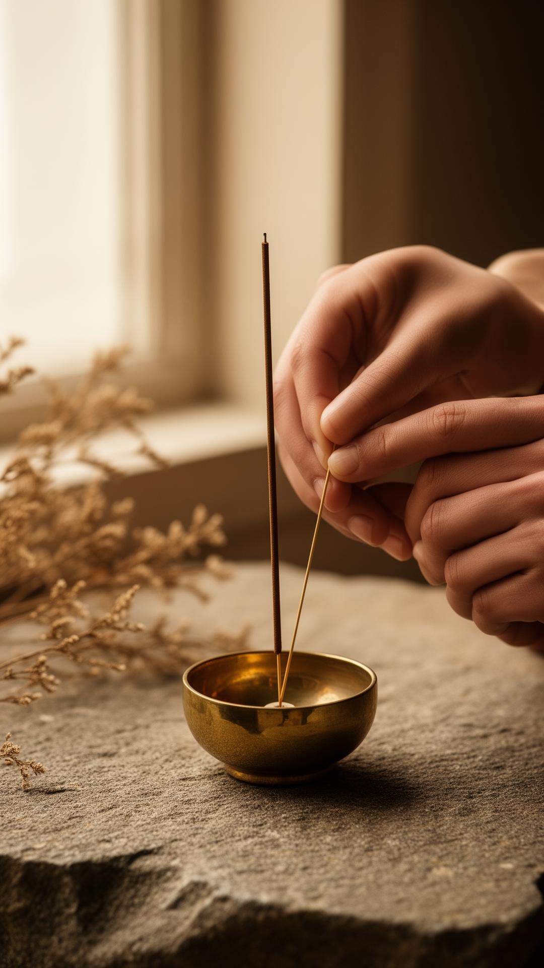 Hands placing an incense stick into a brass holder, soft window light