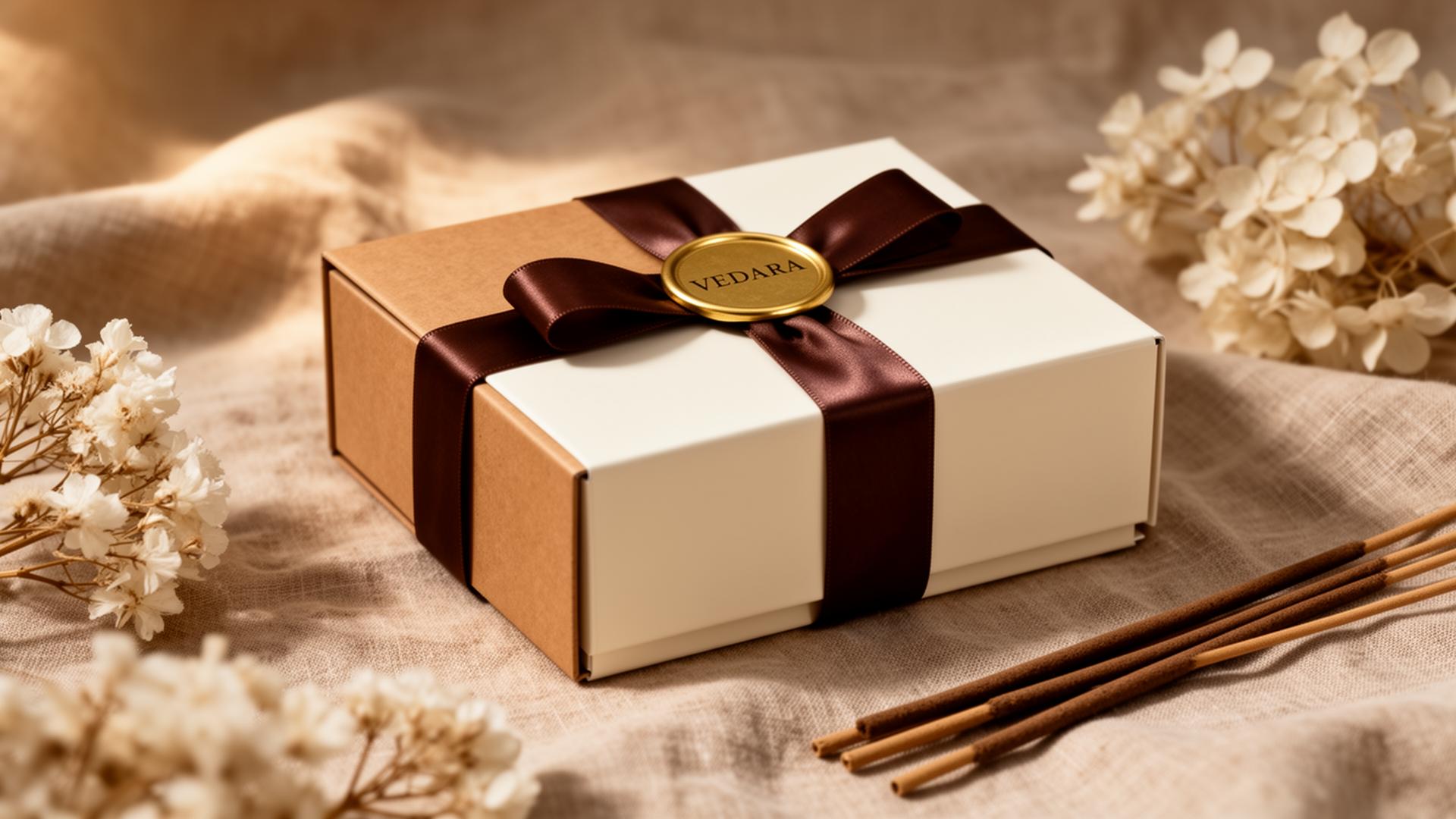 Vedara gift box with brown ribbon and gold seal on warm linen