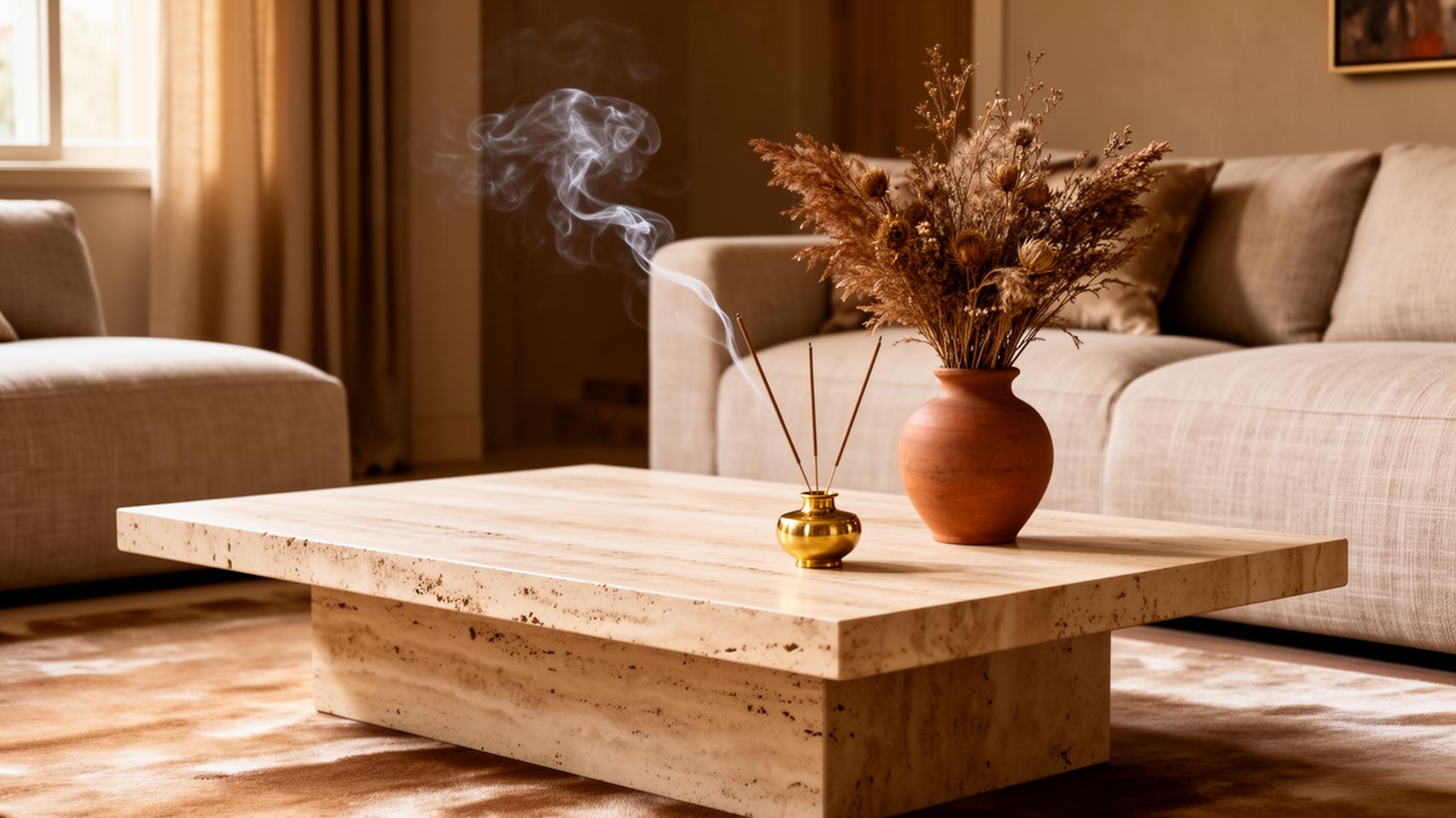 Sophisticated living room with brass incense vessel