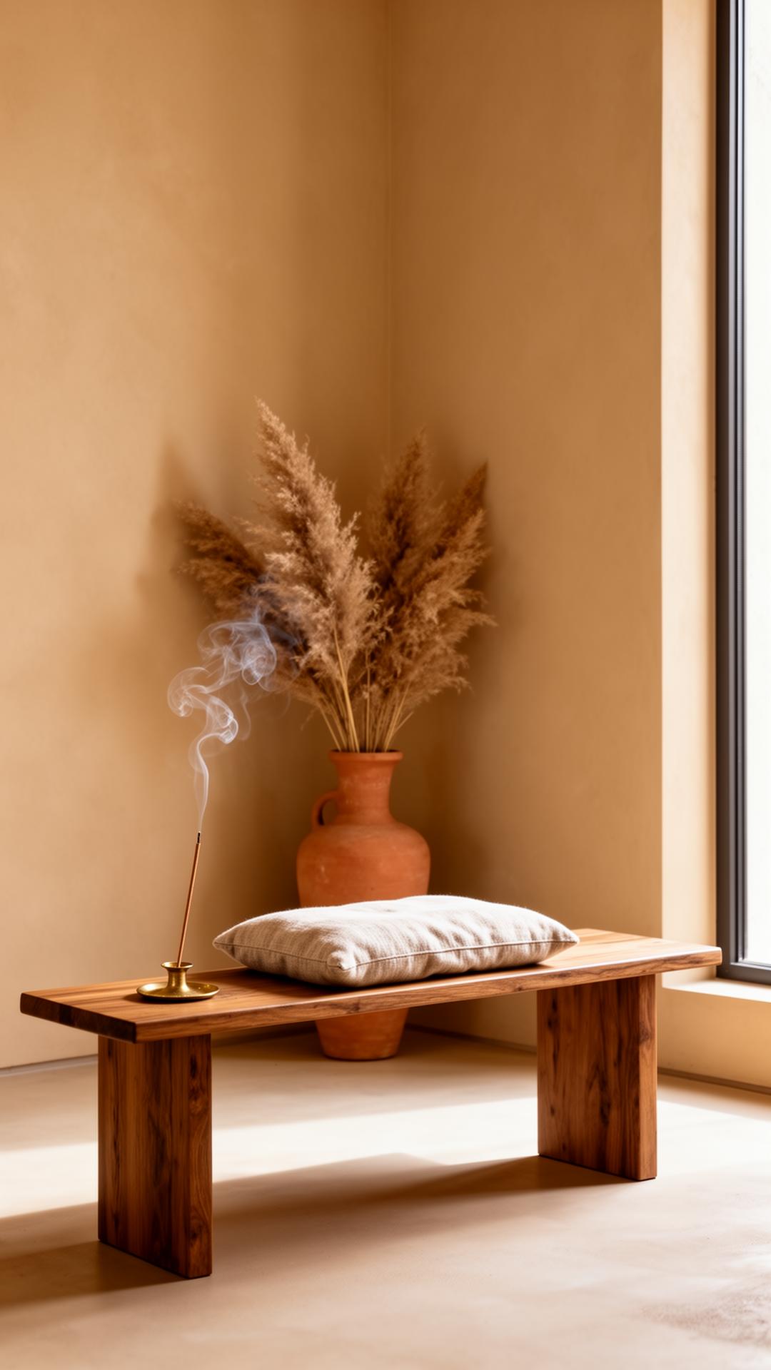 Meditation corner with brass incense holder and pampas