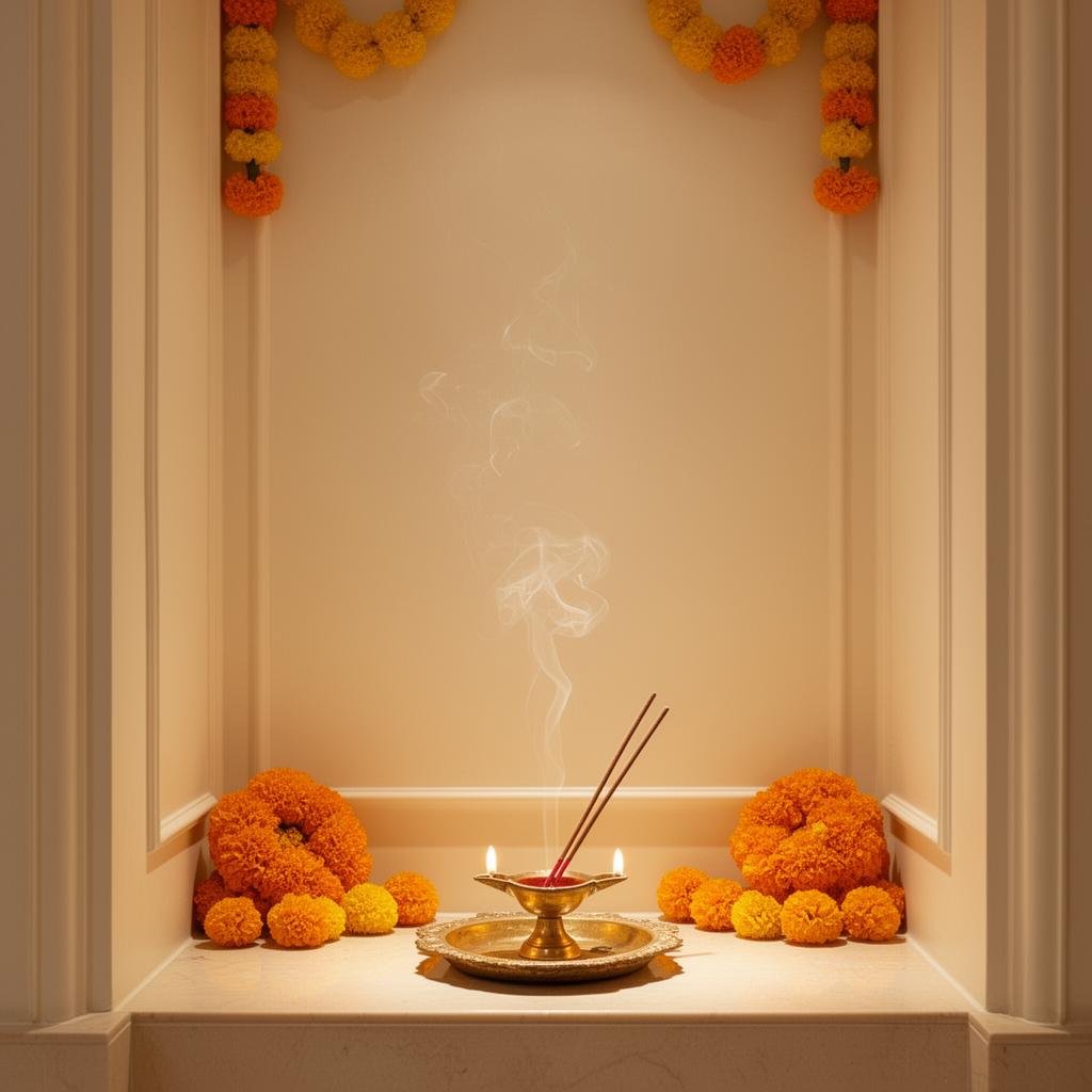 Elegant Indian prayer nook with marigolds and incense
