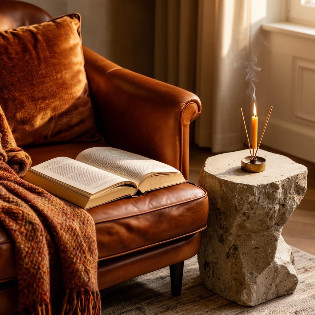 Luxury reading corner with incense and candle